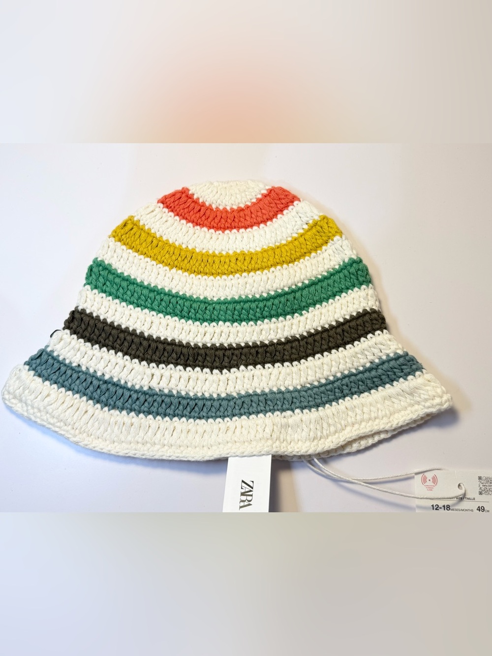 Zara Kids Cream Crochet Bucket Hat with Coral, Mustard, Green & Teal Stripes